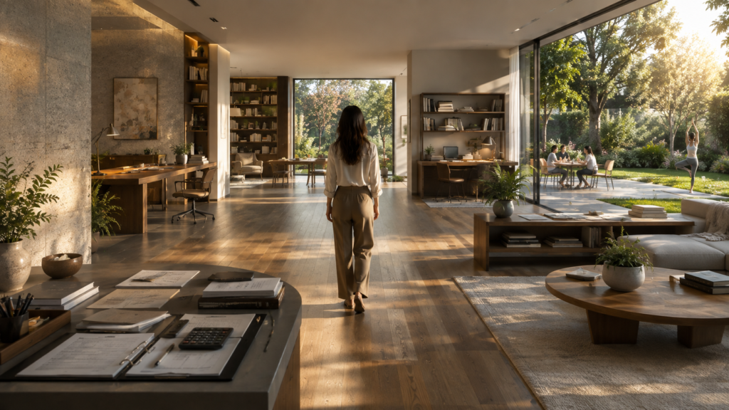 Pessoa em ambiente integrado que representa finanças, trabalho, aprendizado, relações, saúde e liberdade.