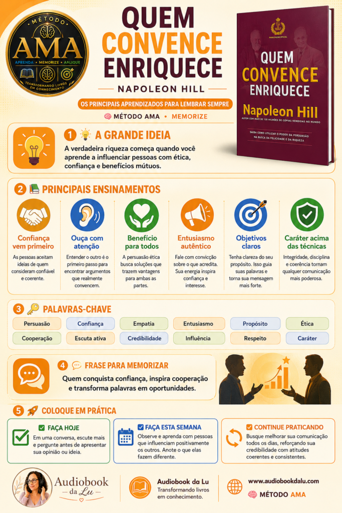 Infográfico do Método AMA sobre o livro "Quem Convence Enriquece", de Napoleon Hill, em layout vertical com predominância das cores laranja, branco e dourado. No topo, aparecem o selo oficial do Método AMA, o título do livro em destaque, o nome do autor, a capa da obra e a frase "Os principais aprendizados para lembrar sempre". A seção "A Grande Ideia" destaca que a verdadeira riqueza começa quando aprendemos a influenciar pessoas com ética, confiança e benefícios mútuos. Em seguida, a área "Principais Ensinamentos" apresenta seis conceitos ilustrados por ícones: confiança vem primeiro, ouça com atenção, benefício para todos, entusiasmo autêntico, objetivos claros e caráter acima das técnicas. A seção "Palavras-chave" reúne termos como persuasão, confiança, empatia, entusiasmo, propósito, ética, cooperação, escuta ativa, credibilidade, influência, respeito e caráter. A área "Frase para Memorizar" traz a mensagem: "Quem conquista confiança, inspira cooperação e transforma palavras em oportunidades." Na parte inferior, o bloco "Coloque em Prática" apresenta três ações: fazer hoje, fazer nesta semana e continuar praticando. O rodapé exibe a logo do Audiobook da Lu, o slogan "Transformando livros em conhecimento", o endereço www.audiobookdalu.com e a identificação do Método AMA. O design utiliza ícones, ilustrações e blocos organizados para facilitar a revisão rápida e a memorização dos principais ensinamentos da obra.