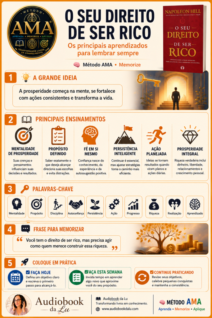 Infográfico do Método AMA sobre o livro "O Seu Direito de Ser Rico", de Napoleon Hill, em formato vertical com predominância das cores laranja, branco e dourado. No topo, aparecem o selo oficial do Método AMA à esquerda, o título do livro ao centro e a capa da obra à direita, acompanhados do subtítulo "Os principais aprendizados para lembrar sempre". O conteúdo é dividido em cinco blocos: A Grande Ideia, destacando que a prosperidade começa na mente e se fortalece com ações consistentes; Principais Ensinamentos, com seis conceitos ilustrados por ícones: mentalidade de prosperidade, propósito definido, fé em si mesmo, persistência inteligente, ação planejada e prosperidade integral; Palavras-chave, reunindo termos como mentalidade, propósito, disciplina, autoconfiança, persistência, ação, progresso, riqueza, realização e aprendizado; Frase para Memorizar, reforçando que ser rico exige agir como quem merece construir essa riqueza; e Coloque em Prática, com três ações objetivas: fazer hoje, fazer nesta semana e continuar praticando. O rodapé exibe a logo do Audiobook da Lu, o slogan "Transformando livros em conhecimento", o endereço www.audiobookdalu.com e a identidade visual do Método AMA.