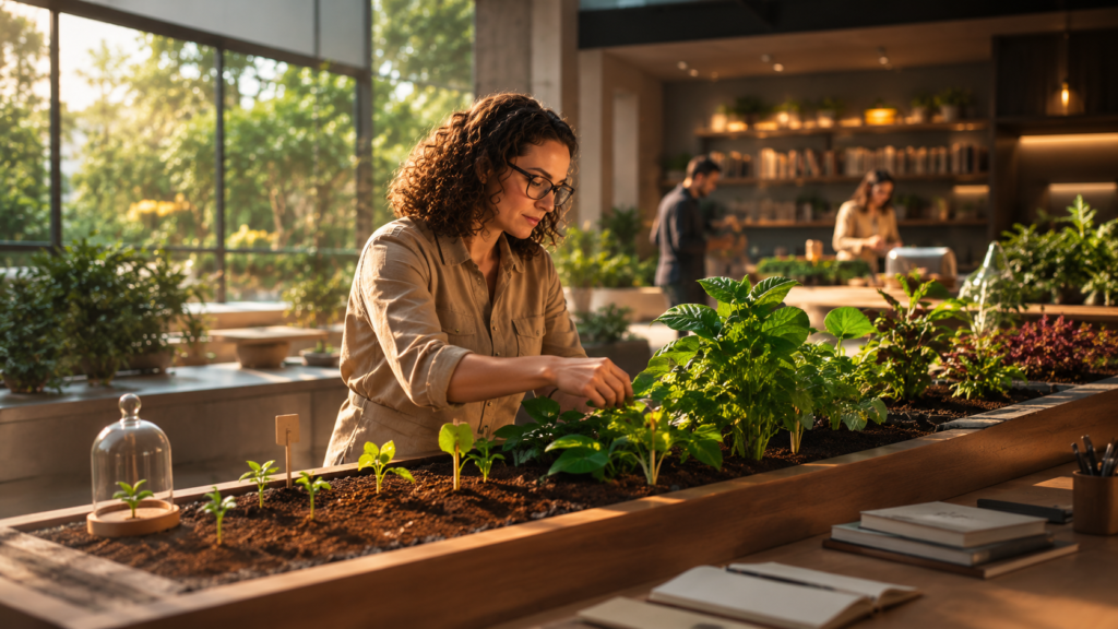 Pessoa cuida de plantas em diferentes estágios, simbolizando como ambiente e influências contribuem para o crescimento pessoal.