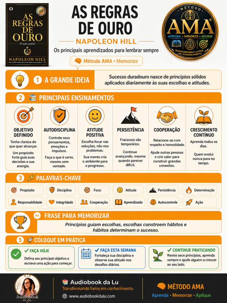 Infográfico do Método AMA sobre o livro "As Regras de Ouro", de Napoleon Hill, com identidade visual em laranja, branco e dourado. No topo aparecem a capa do livro, o selo oficial do Método AMA e o título "As Regras de Ouro", seguido da frase "Os principais aprendizados para lembrar sempre". O conteúdo é organizado em cinco blocos: A Grande Ideia, destacando que o sucesso duradouro nasce da aplicação diária de princípios sólidos; Principais Ensinamentos, com seis pilares ilustrados por ícones (objetivo definido, autodisciplina, atitude positiva, persistência, cooperação e crescimento contínuo); Palavras-chave, reunindo conceitos como propósito, disciplina, foco, responsabilidade, integridade, cooperação e ação; Frase para Memorizar, reforçando que princípios orientam escolhas, escolhas constroem hábitos e hábitos determinam o sucesso; e Coloque em Prática, com três ações para hoje, esta semana e de forma contínua. No rodapé estão a logo do Audiobook da Lu, o endereço www.audiobookdalu.com e a assinatura do Método AMA com o slogan "Transformando livros em conhecimento".