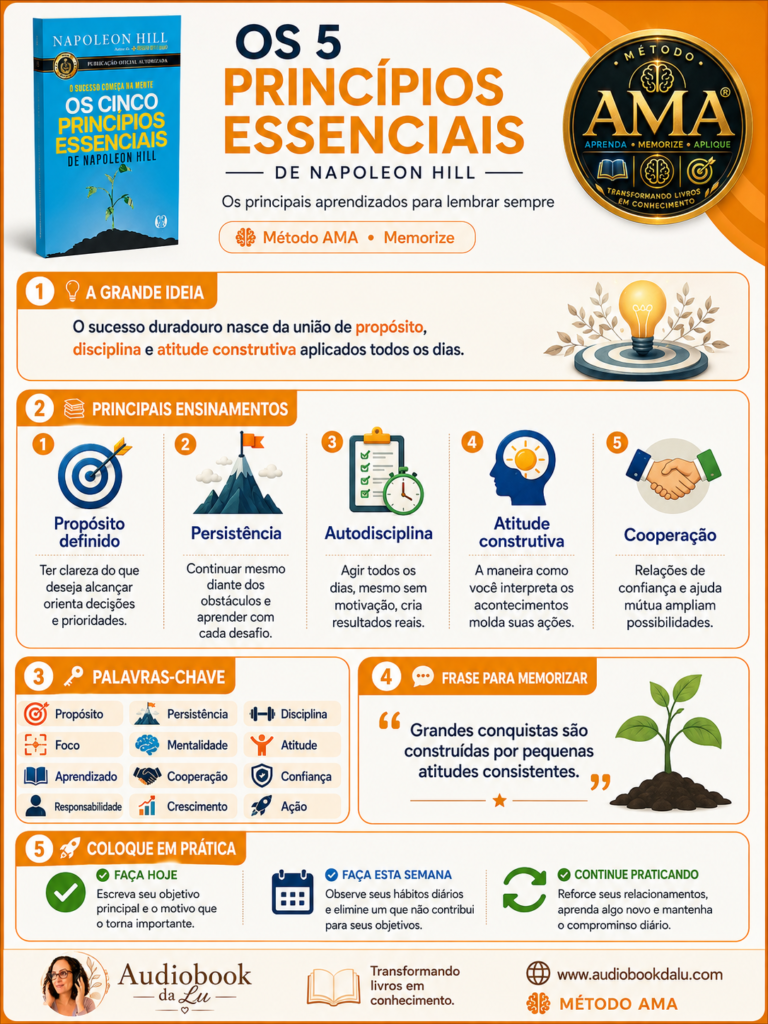 Infográfico do Método AMA sobre o livro "Os Cinco Princípios Essenciais", de Napoleon Hill, em layout vertical com predominância das cores laranja, branco e azul. No topo aparecem a capa do livro, o selo oficial do Método AMA e o título "Os 5 Princípios Essenciais de Napoleon Hill", seguido do subtítulo "Os principais aprendizados para lembrar sempre" e da identificação "🧠 Método AMA • Memorize". O conteúdo é organizado em cinco blocos: A Grande Ideia, destacando que o sucesso duradouro nasce da união de propósito, disciplina e atitude construtiva; Principais Ensinamentos, com cinco pilares ilustrados — propósito definido, persistência, autodisciplina, atitude construtiva e cooperação; Palavras-chave, reunindo conceitos como propósito, foco, persistência, disciplina, mentalidade, atitude, aprendizado, cooperação, confiança, responsabilidade, crescimento e ação; Frase para Memorizar, com a mensagem "Grandes conquistas são construídas por pequenas atitudes consistentes"; e Coloque em Prática, sugerindo ações para fazer hoje, nesta semana e continuar praticando. O rodapé exibe a logo do Audiobook da Lu, a frase "Transformando livros em conhecimento", o endereço www.audiobookdalu.com e a identificação do Método AMA.