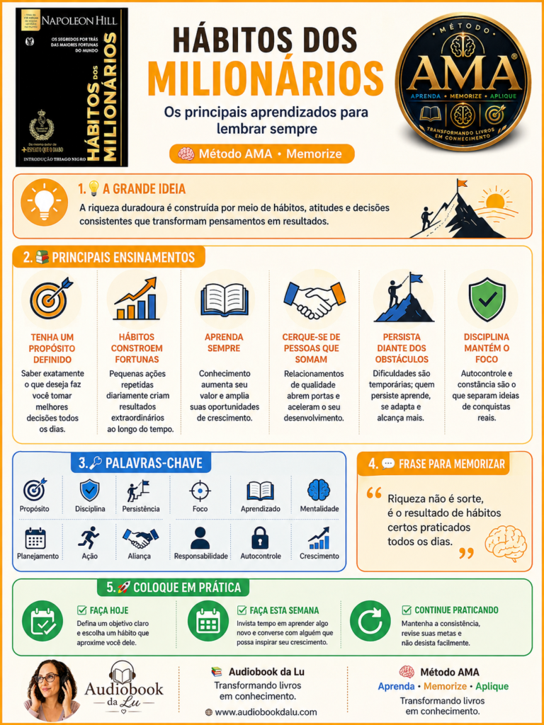 Infográfico vertical do Método AMA sobre o livro "Hábitos dos Milionários", de Napoleon Hill, com design moderno nas cores laranja, branco, azul e verde. No topo aparecem a capa do livro, o selo oficial do Método AMA e o título "Hábitos dos Milionários – Os principais aprendizados para lembrar sempre". O conteúdo está organizado em cinco blocos: A Grande Ideia, destacando que a riqueza duradoura é construída por hábitos, atitudes e decisões consistentes; Principais Ensinamentos, com ícones ilustrando propósito definido, hábitos que constroem fortunas, aprendizado contínuo, relacionamentos de qualidade, persistência e autodisciplina; Palavras-chave, reunindo conceitos como propósito, disciplina, persistência, foco, aprendizado, mentalidade, planejamento, ação, alianças, responsabilidade, autocontrole e crescimento; Frase para Memorizar, reforçando que a riqueza é resultado de hábitos praticados diariamente; e Coloque em Prática, com ações para fazer hoje, nesta semana e continuar praticando. No rodapé estão a logomarca do Audiobook da Lu, o slogan "Transformando livros em conhecimento", o endereço www.audiobookdalu.com e a identidade visual do Método AMA.