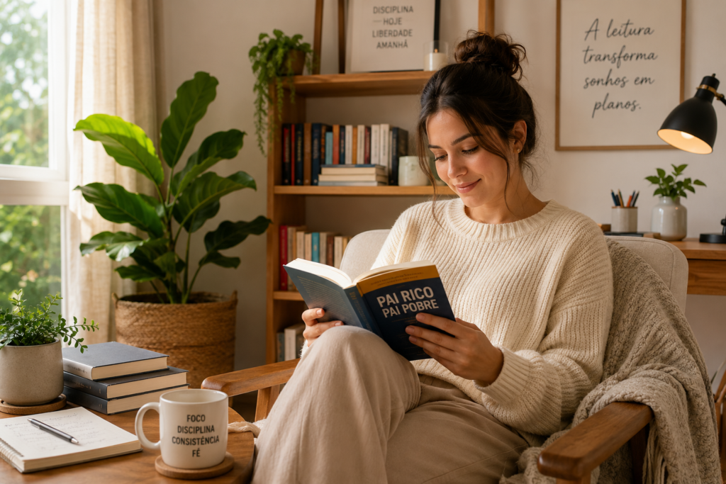 Mulher sentada confortavelmente em uma poltrona lendo o livro "Pai Rico, Pai Pobre", de Robert T. Kiyosaki, em um ambiente de leitura organizado, iluminado pela luz natural. Ao seu redor há uma estante com livros, plantas, uma caneca com as palavras "Foco, Disciplina, Consistência e Fé", um caderno de anotações e quadros decorativos com mensagens inspiradoras sobre disciplina e leitura. A cena transmite tranquilidade, concentração e o prazer de transformar a leitura em um hábito diário de desenvolvimento pessoal e educação financeira.