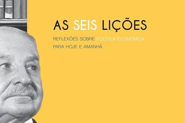 Capa do livro As Seis Lições, de Ludwig von Mises, publicada pela LVM Editora. A capa possui fundo amarelo com o retrato em preto e branco do autor no lado esquerdo. O título aparece em destaque no centro, acompanhado do subtítulo "Reflexões sobre Política Econômica para Hoje e Amanhã". A composição transmite uma identidade clássica e elegante, representando uma obra introdutória sobre economia, liberdade econômica e os princípios da Escola Austríaca.