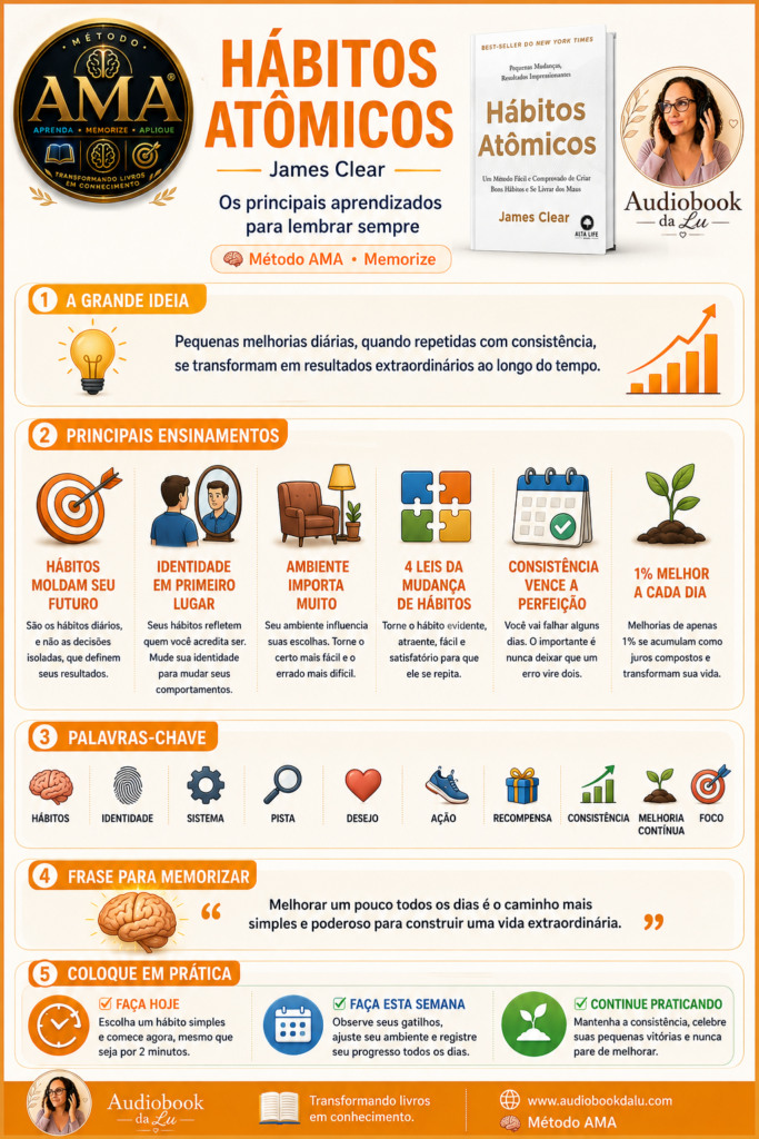 Infográfico do Método AMA sobre o livro Hábitos Atômicos, de James Clear, com design em tons de laranja, branco e dourado. No cabeçalho aparecem o selo oficial do Método AMA, a capa do livro e a logo do Audiobook da Lu. O conteúdo é dividido em cinco blocos: A Grande Ideia, destacando que pequenas melhorias consistentes geram grandes resultados ao longo do tempo; Principais Ensinamentos, com os conceitos de hábitos moldam o futuro, identidade em primeiro lugar, importância do ambiente, quatro leis da mudança de hábitos, consistência acima da perfeição e melhoria de 1% ao dia; Palavras-chave, reunindo termos como hábitos, identidade, sistema, pista, desejo, ação, recompensa, consistência, melhoria contínua e foco; Frase para Memorizar, reforçando que melhorar um pouco todos os dias é o caminho para uma vida extraordinária; e Coloque em Prática, com ações para fazer hoje, nesta semana e continuar praticando. No rodapé aparecem a identidade visual do Audiobook da Lu, o slogan “Transformando livros em conhecimento”, o endereço www.audiobookdalu.com e a identificação do Método AMA.