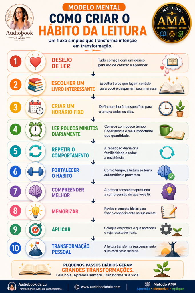 Infográfico do Método AMA intitulado "Como Criar o Hábito da Leitura", apresentando um modelo mental em dez etapas para transformar a leitura em um hábito duradouro. O fluxo começa com o desejo de ler, passa pela escolha de um livro interessante, definição de um horário fixo, leitura diária por poucos minutos, repetição do comportamento e fortalecimento do hábito. Em seguida, destaca a importância de compreender melhor o conteúdo, memorizar por meio da revisão, aplicar os aprendizados no dia a dia e alcançar a transformação pessoal. Cada etapa é ilustrada com ícones coloridos e conectada por um fluxo vertical, mostrando que pequenas ações consistentes levam a grandes mudanças. O infográfico inclui a identidade visual do Audiobook da Lu e do Método AMA, reforçando a ideia de aprender, memorizar e aplicar para transformar conhecimento em resultados.