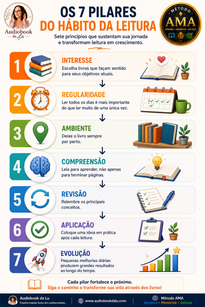 Infográfico intitulado "Os 7 Pilares do Hábito da Leitura", criado pelo Audiobook da Lu com o Método AMA. O material apresenta sete princípios para desenvolver uma rotina consistente de leitura: interesse por livros alinhados aos objetivos pessoais, regularidade na prática diária, criação de um ambiente favorável, leitura com compreensão, revisão dos principais conceitos, aplicação prática do que foi aprendido e evolução contínua por meio de pequenas melhorias. Cada etapa é ilustrada com ícones coloridos e organizada em um fluxo vertical, mostrando que a combinação desses pilares fortalece o hábito da leitura e promove crescimento pessoal e aprendizado duradouro.