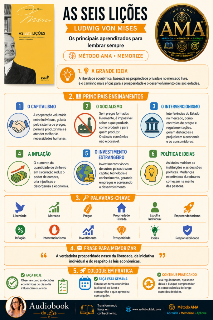 Infográfico do Método AMA sobre o livro As Seis Lições, de Ludwig von Mises. O material apresenta a grande ideia da obra, seis ensinamentos centrais sobre capitalismo, socialismo, intervencionismo, inflação, investimento estrangeiro e o papel das ideias, além de palavras-chave, uma frase para memorizar e três ações práticas. O layout utiliza predominância da cor laranja, inclui a capa do livro, o selo oficial do Método AMA e a identidade visual do Audiobook da Lu, organizando os conceitos de forma clara para facilitar a revisão e a memorização.