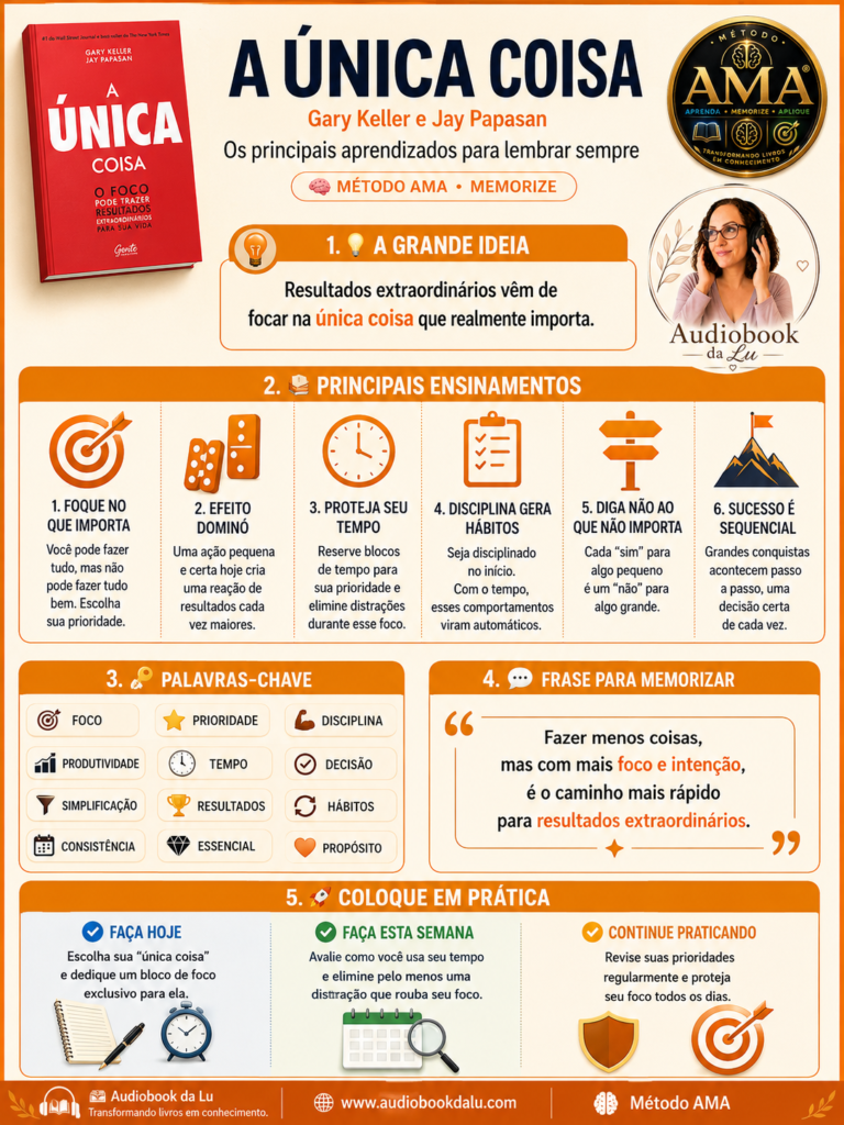 Infográfico do Método AMA sobre o livro A Única Coisa, de Gary Keller e Jay Papasan, produzido pelo Audiobook da Lu. O material apresenta a ideia central da obra, seis ensinamentos essenciais sobre foco, efeito dominó, proteção do tempo, disciplina, priorização e sucesso sequencial. Inclui palavras-chave, uma frase para memorização e ações práticas para aplicar os conceitos no dia a dia. A identidade visual utiliza tons de laranja, a capa do livro, o selo oficial do Método AMA e a logomarca do Audiobook da Lu.