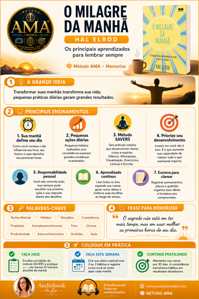 Infográfico do método SAVERS com seis hábitos para uma rotina matinal de desenvolvimento pessoal ao nascer do sol.