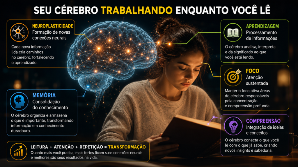 Infográfico ilustrando como o cérebro processa informações durante a leitura. Uma mulher lê um livro enquanto uma representação luminosa do cérebro destaca a formação de conexões neurais, simbolizando a neuroplasticidade. Caixas explicativas mostram os principais processos cognitivos envolvidos: aprendizagem, foco, memória e compreensão. O material explica que a leitura cria novas conexões cerebrais, fortalece a concentração, integra novos conhecimentos aos já existentes e consolida a memória de longo prazo. Na parte inferior, a mensagem reforça que leitura, atenção e repetição trabalham juntas para transformar informação em conhecimento duradouro e gerar melhores resultados na vida.