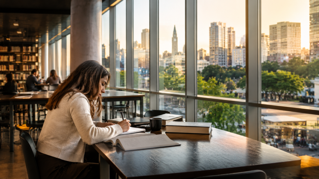 Pessoa estudando em biblioteca diante de uma cidade, simbolizando como ideias podem transformar sociedades