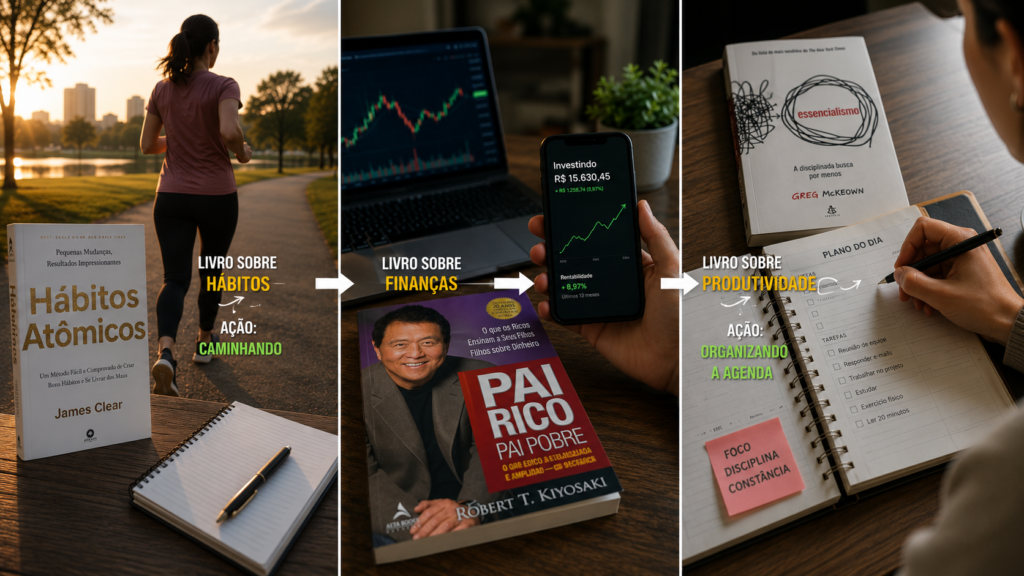 Imagem dividida em três painéis mostrando como diferentes tipos de leitura podem ser transformados em ações práticas. No primeiro painel, o livro "Hábitos Atômicos", de James Clear, aparece ao lado de uma pessoa caminhando em um parque ao amanhecer, ilustrando a criação de hábitos saudáveis. No segundo, o livro "Pai Rico, Pai Pobre", de Robert T. Kiyosaki, é associado a um celular exibindo investimentos e um gráfico financeiro, representando educação financeira e investimentos. No terceiro, o livro "Essencialismo", de Greg McKeown, acompanha uma agenda organizada e um planejamento diário sendo preenchido, simbolizando produtividade e organização. A composição destaca que diferentes livros geram mudanças concretas quando o conhecimento é colocado em prática.