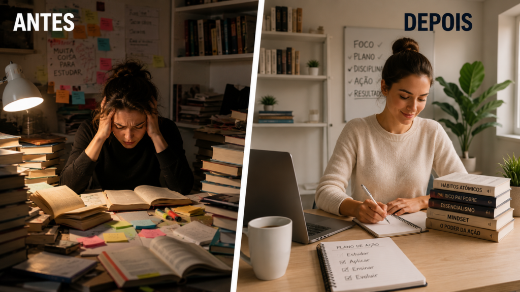 Imagem comparativa de antes e depois dos estudos. À esquerda, uma mulher aparece estressada em uma mesa desorganizada, cercada por livros, papéis, anotações e post-its, simbolizando sobrecarga de informação e falta de método. À direita, a mesma mulher estuda tranquilamente em um ambiente organizado, usando notebook e caderno, ao lado de livros sobre hábitos, finanças e produtividade. Ao fundo, um quadro destaca as palavras "Foco", "Plano", "Disciplina", "Ação" e "Resultados", representando a transformação proporcionada por um método eficiente de aprendizagem.