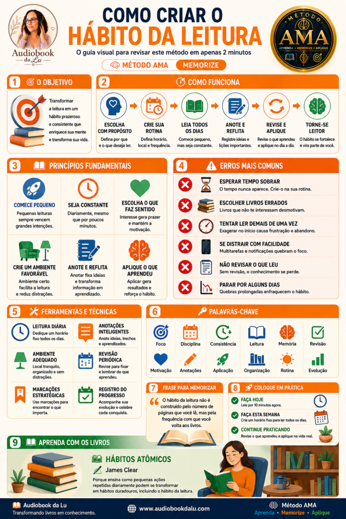 Infográfico do Método AMA intitulado "Como Criar o Hábito da Leitura", organizado em nove seções que apresentam um guia visual para desenvolver uma rotina de leitura consistente. O material explica o objetivo do método, mostra como criar uma rotina de leitura, destaca princípios fundamentais como constância, compreensão e aplicação prática, alerta para erros comuns que dificultam a formação do hábito, apresenta ferramentas e técnicas de estudo, reúne palavras-chave relacionadas ao aprendizado, oferece uma frase para memorização e um plano de ação com passos práticos para começar imediatamente. Ao final, recomenda o livro "Hábitos Atômicos", de James Clear, como leitura complementar. O infográfico utiliza ícones coloridos, organização em blocos e a identidade visual do Audiobook da Lu e do Método AMA para facilitar a compreensão e a revisão rápida do conteúdo.