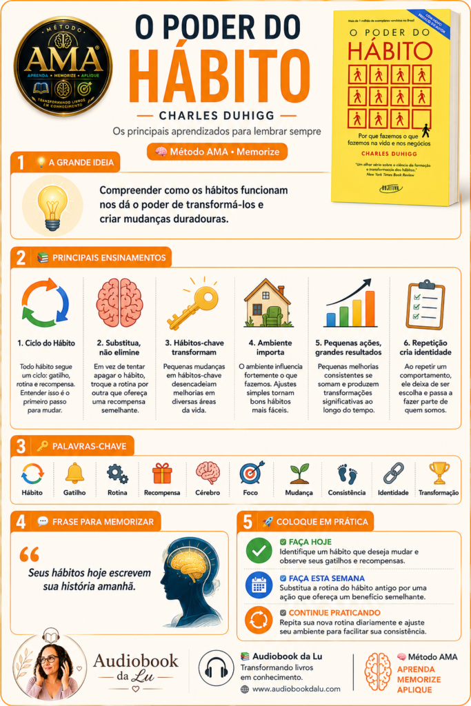 Infográfico do Método AMA sobre o livro O Poder do Hábito, de Charles Duhigg, com identidade visual em tons de laranja, branco e dourado. No topo, aparecem o selo oficial do Método AMA, a capa do livro e o título “O Poder do Hábito”, seguido da frase “Os principais aprendizados para lembrar sempre” e da indicação “Método AMA • Memorize”. O conteúdo está organizado em cinco blocos: A Grande Ideia, explicando que compreender os hábitos permite transformá-los; Principais Ensinamentos, com seis tópicos ilustrados sobre ciclo do hábito, substituição de hábitos, hábitos-chave, influência do ambiente, pequenas ações e repetição; Palavras-chave, reunindo termos como hábito, gatilho, rotina, recompensa, foco, consistência e transformação; Frase para Memorizar, destacando que os hábitos de hoje escrevem a história de amanhã; e Coloque em Prática, com ações para fazer hoje, nesta semana e continuar praticando. No rodapé aparecem a logo do Audiobook da Lu, o endereço do site e a assinatura “Método AMA – Aprenda • Memorize • Aplique”.