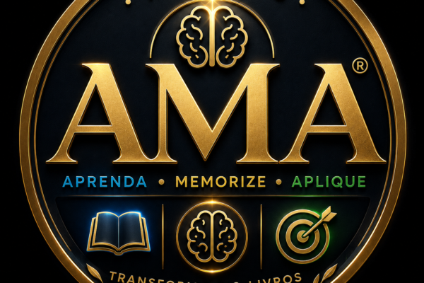 Logotipo circular premium do Método AMA com acabamento dourado sobre fundo preto. No centro, a sigla "AMA" em destaque, acompanhada de um ícone de cérebro na parte superior. Abaixo, o significado do método: "Aprenda • Memorize • Aplique", com as palavras destacadas nas cores azul, dourado e verde. Na parte inferior aparecem três ícones representando um livro, um cérebro e um alvo, simbolizando as três etapas do aprendizado. O selo é finalizado com a frase "Transformando Livros em Conhecimento", transmitindo a identidade visual do Método AMA do Audiobook da Lu.