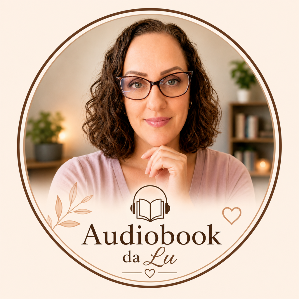 Retrato de Louise Ribeiro, criadora do canal e blog Audiobook da Lu, olhando para a câmera com expressão acolhedora e um leve sorriso. Ela usa óculos de armação escura, blusa rosa-claro e apoia o queixo sobre a mão. Ao fundo, um ambiente desfocado com estante de livros, plantas e iluminação aconchegante. A imagem está emoldurada por um círculo em tons de bege e marrom, com elementos decorativos delicados. Na parte inferior aparece o logotipo do Audiobook da Lu, formado por um livro aberto com fones de ouvido, o nome "Audiobook da Lu" e pequenos detalhes em formato de folhas e coração, transmitindo a proposta de transformar livros em conhecimento de forma acessível e acolhedora.